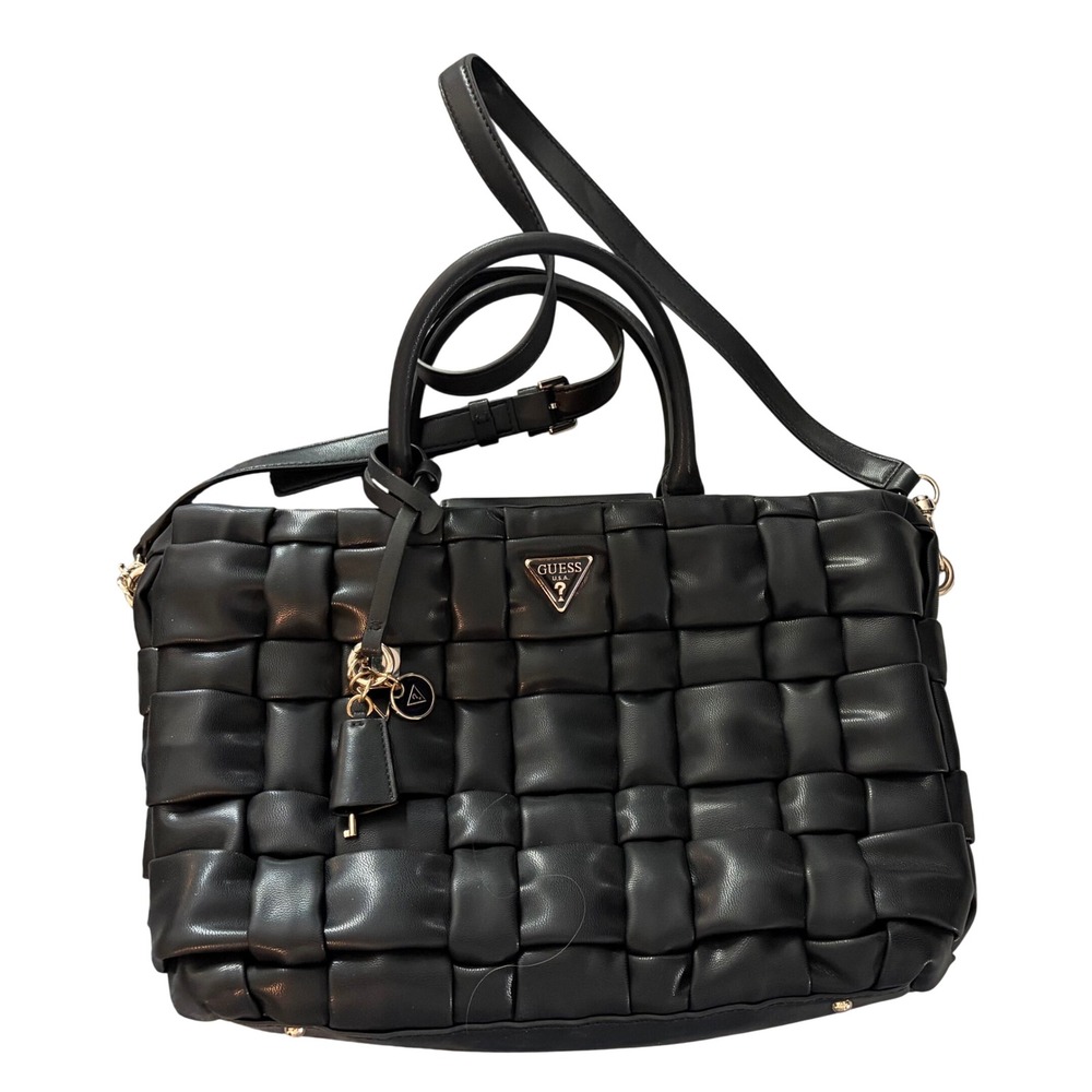 Guess Black Woven Faux Leather Satchel Crossbody Handbag Gold Hardware